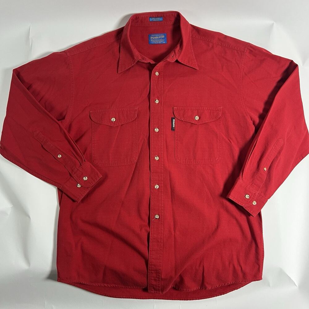Pendleton Men's Red Solid Woven Cotton Button-Up Shirt Long Sleeve Pockets L